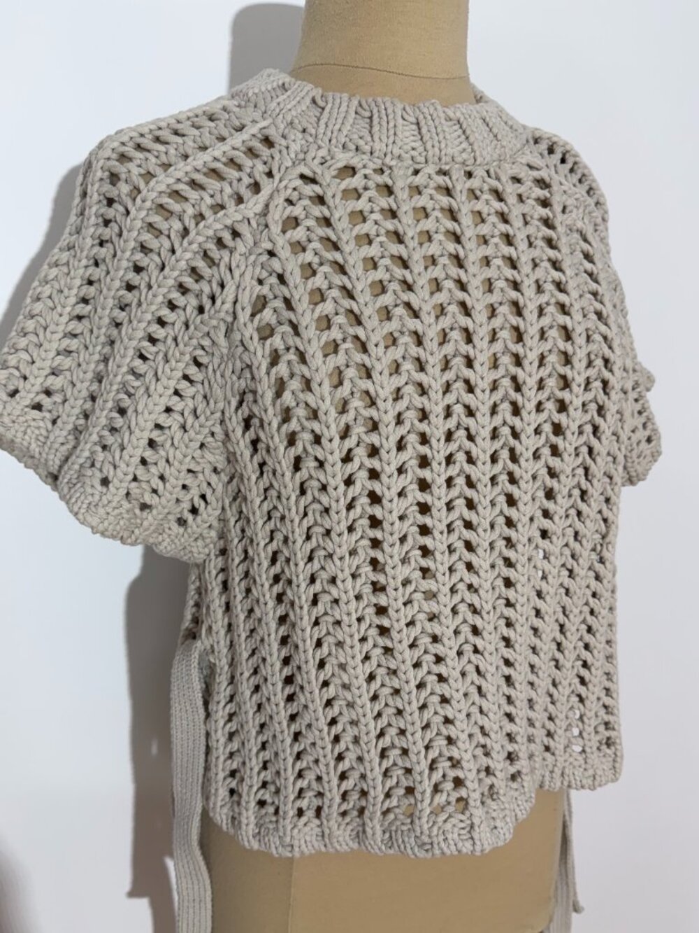 Zara Thick Short-Sleeve Open-Knit Sweater with Side Ties